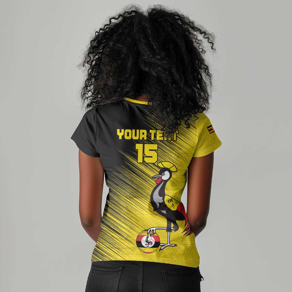 Uganda Football Custom Women V-Neck T-Shirt African Pattern Mix Grunge Style - Yellow Color