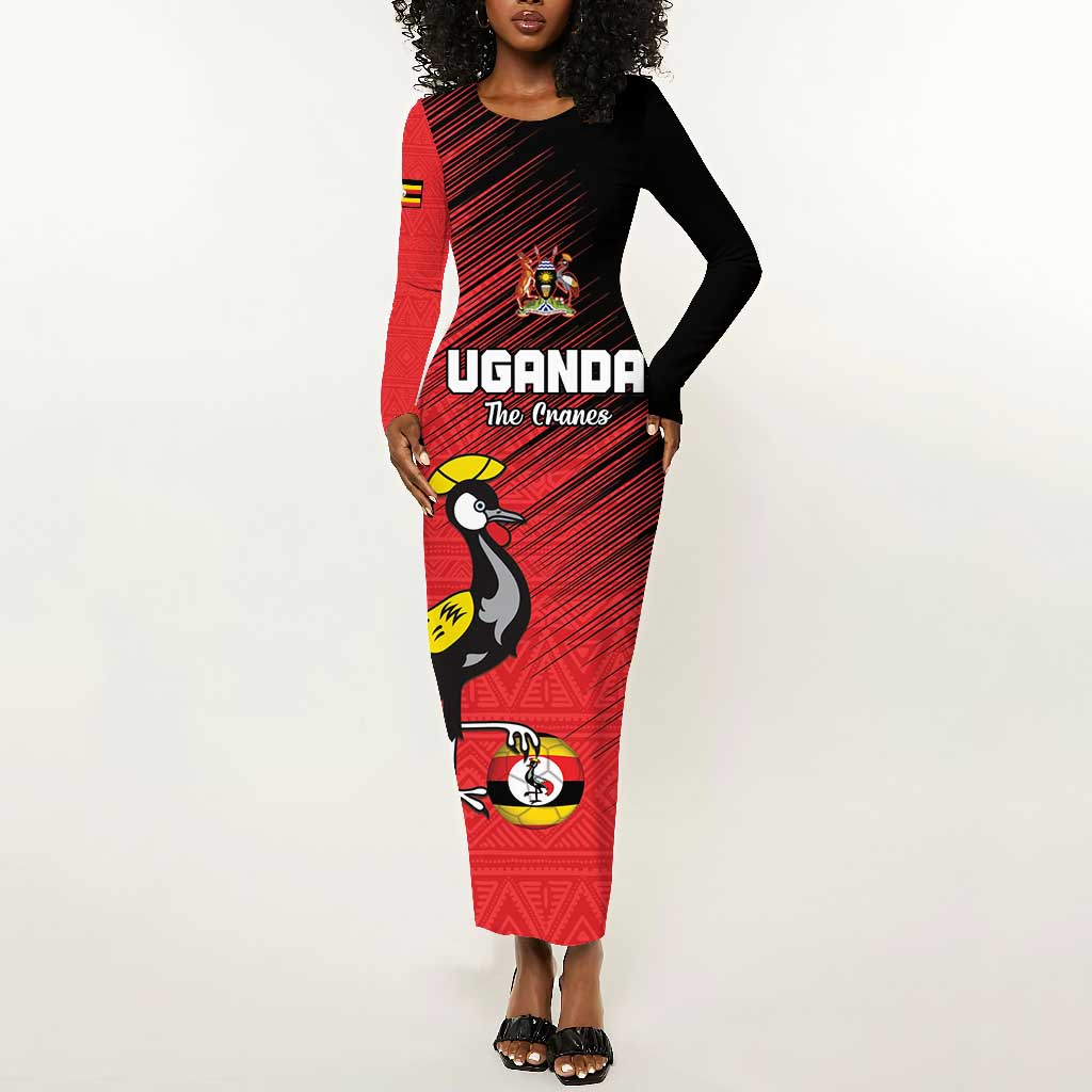 Uganda Football Custom Long Sleeve Bodycon Dress African Pattern Mix Grunge Style - Red Color