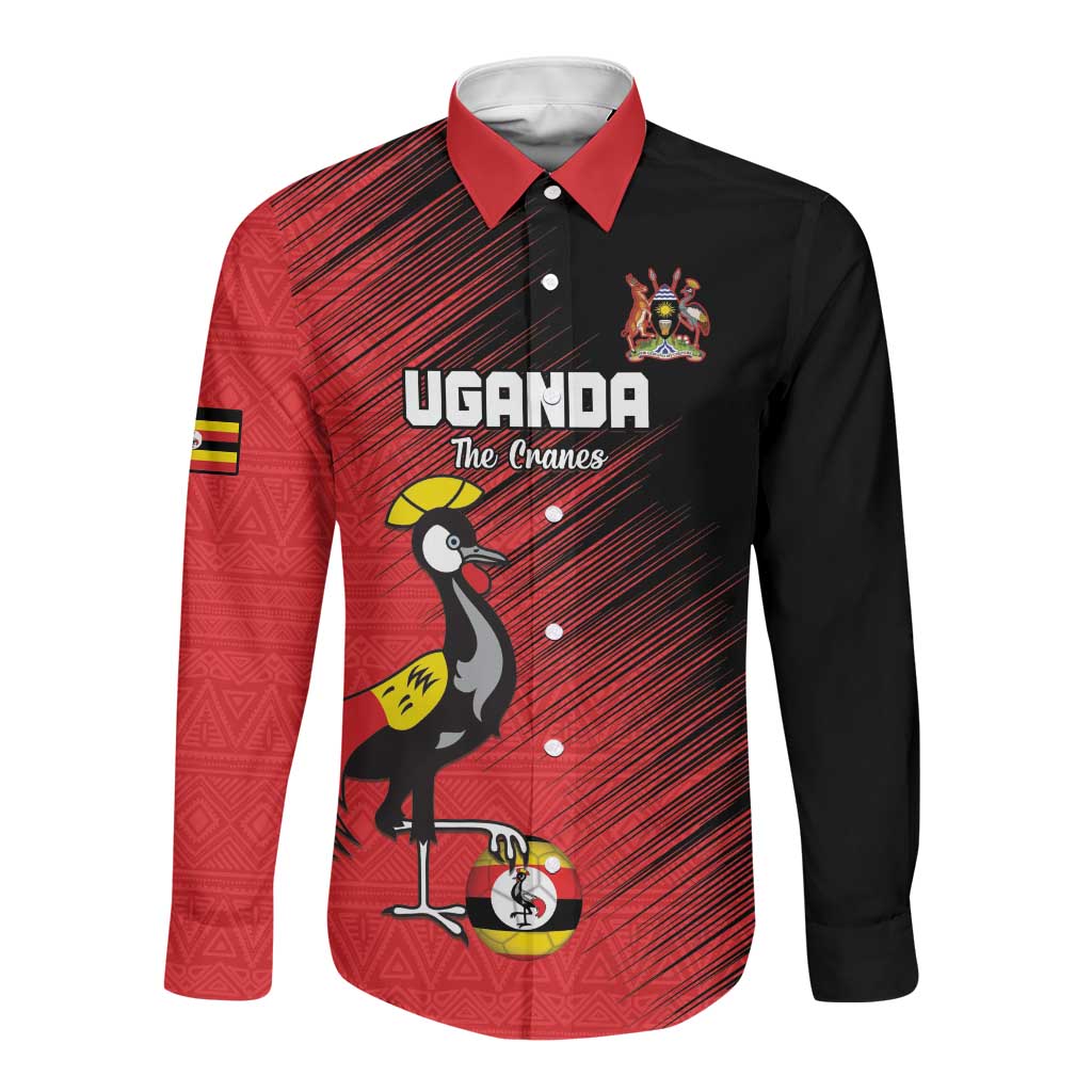 Uganda Football Custom Long Sleeve Button Shirt African Pattern Mix Grunge Style - Red Color