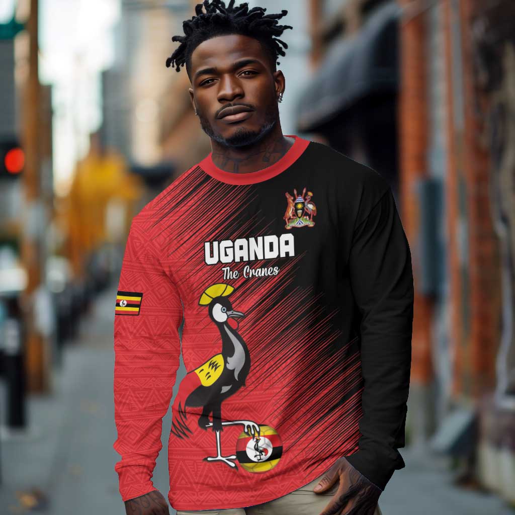 Uganda Football Custom Long Sleeve Shirt African Pattern Mix Grunge Style - Red Color