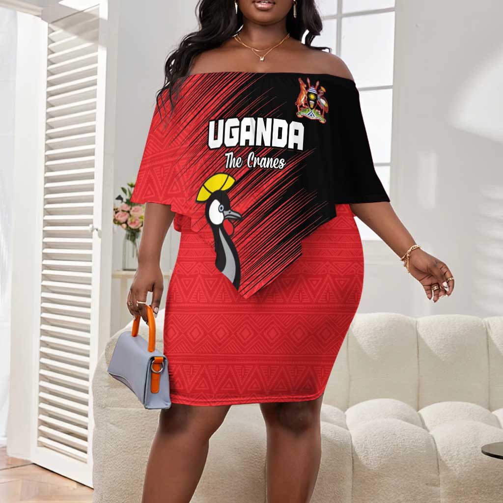 Uganda Football Custom Off Shoulder Short Dress African Pattern Mix Grunge Style - Red Color