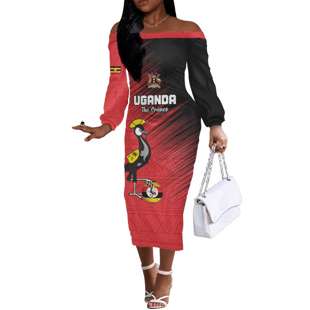 Uganda Football Custom Off The Shoulder Long Sleeve Dress African Pattern Mix Grunge Style - Red Color