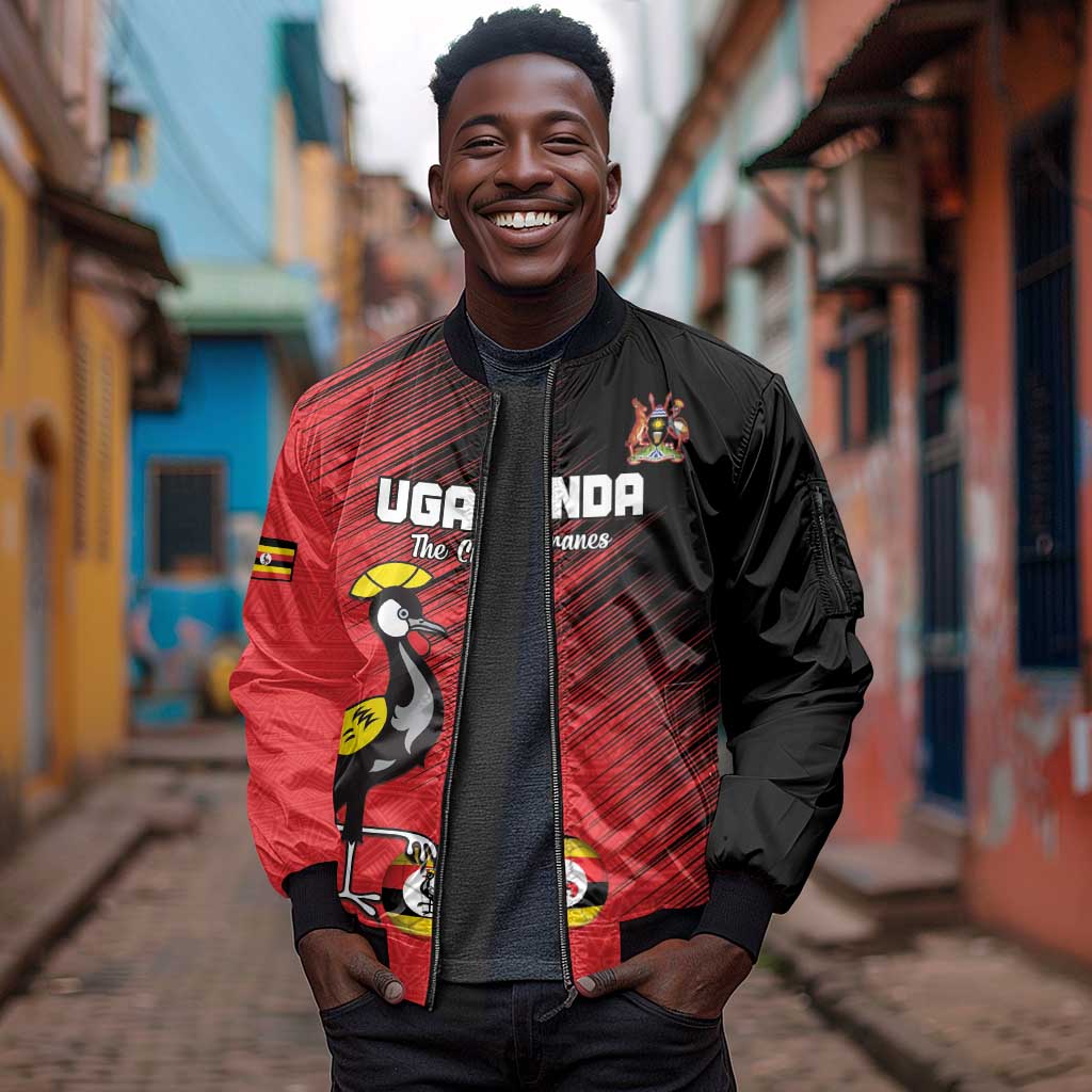 Uganda Football Custom Sleeve Zip Bomber Jacket African Pattern Mix Grunge Style - Red Color
