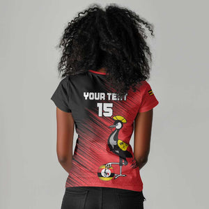 Uganda Football Custom Women V-Neck T-Shirt African Pattern Mix Grunge Style - Red Color