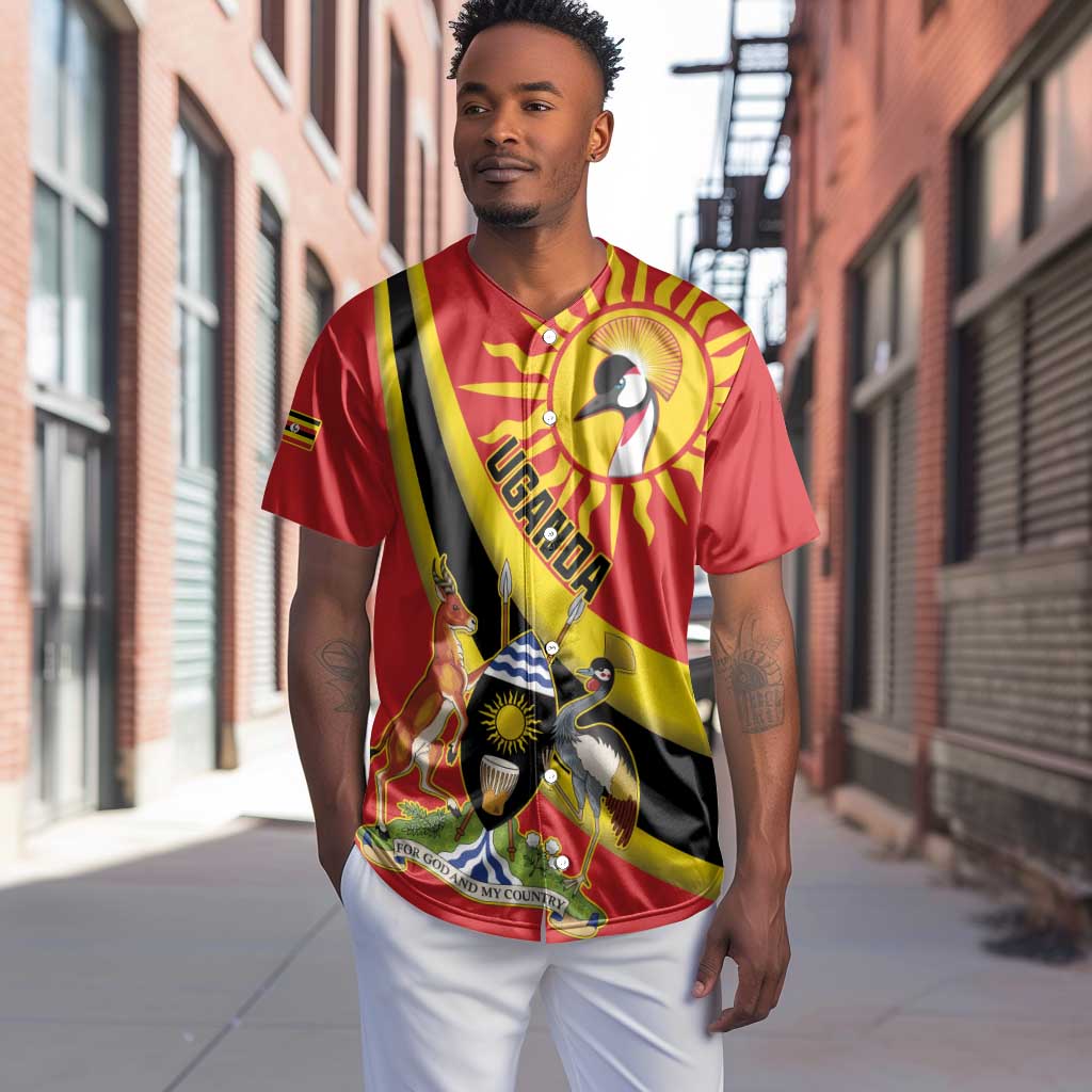 Personalised Afro Uganda Baseball Jersey Black Crowned Crane With Coat Of Arms