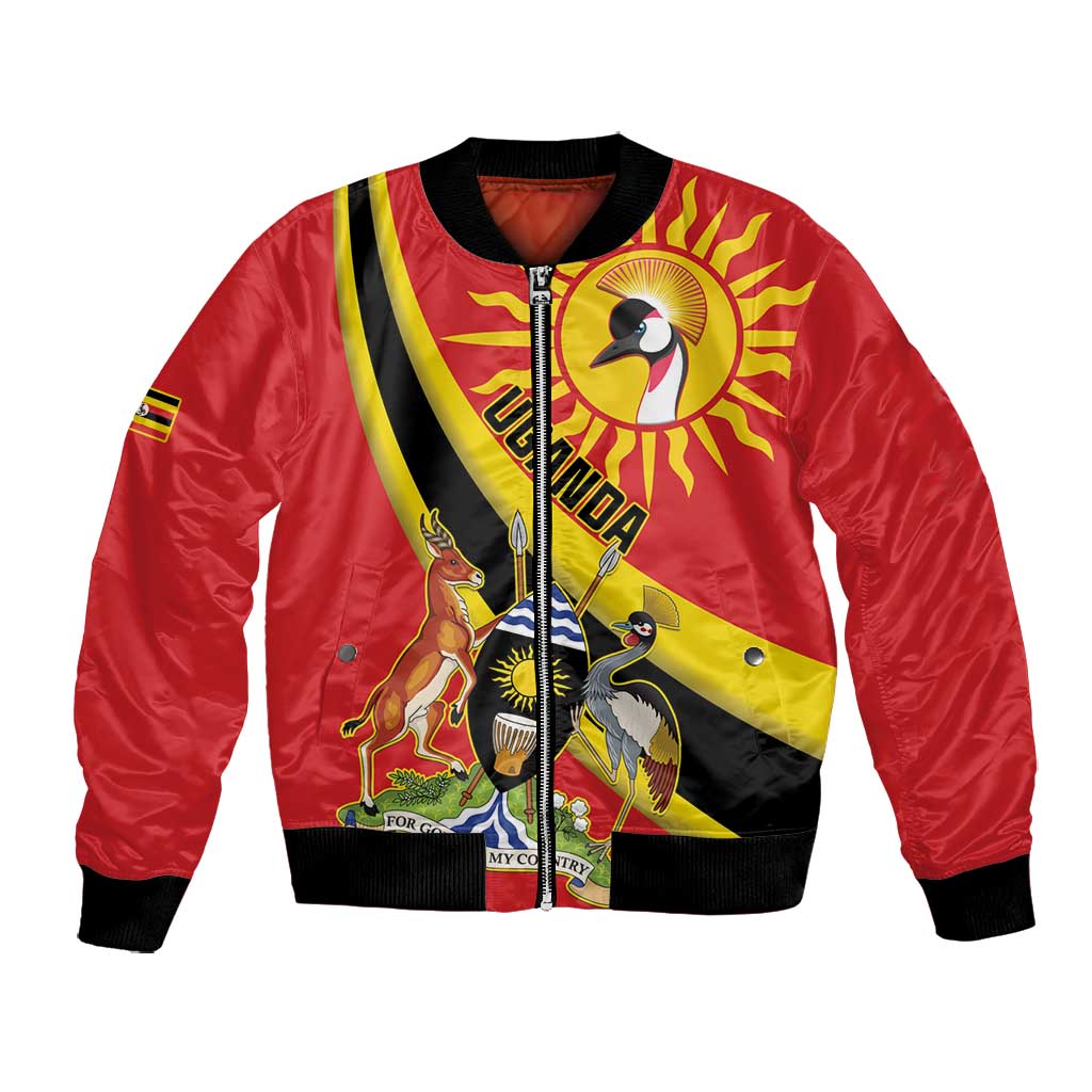 Personalised Afro Uganda Bomber Jacket Black Crowned Crane With Coat Of Arms