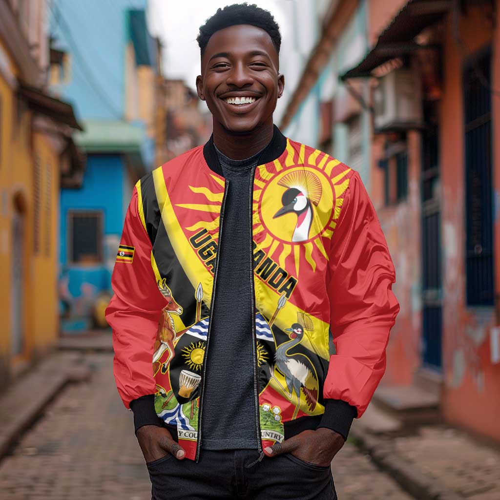 Personalised Afro Uganda Bomber Jacket Black Crowned Crane With Coat Of Arms