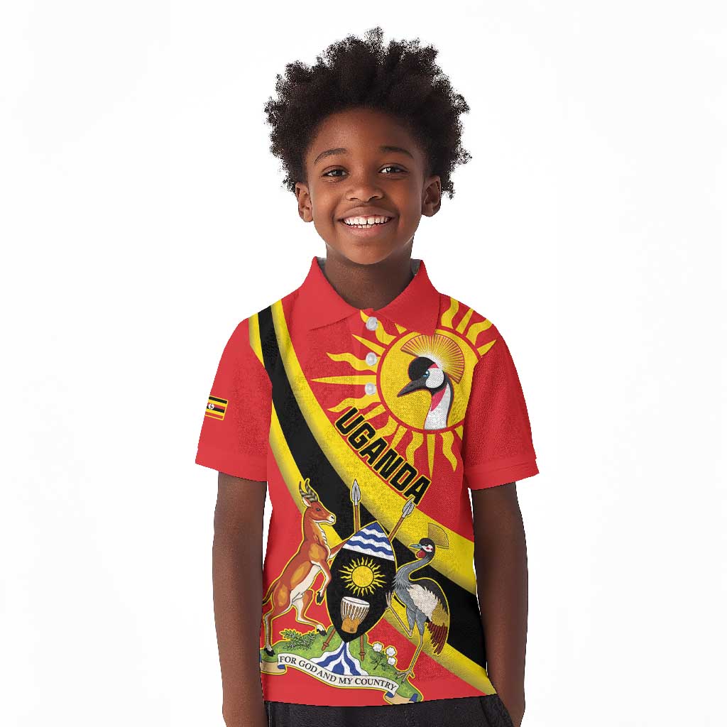 Personalised Afro Uganda Kid Polo Shirt Black Crowned Crane With Coat Of Arms