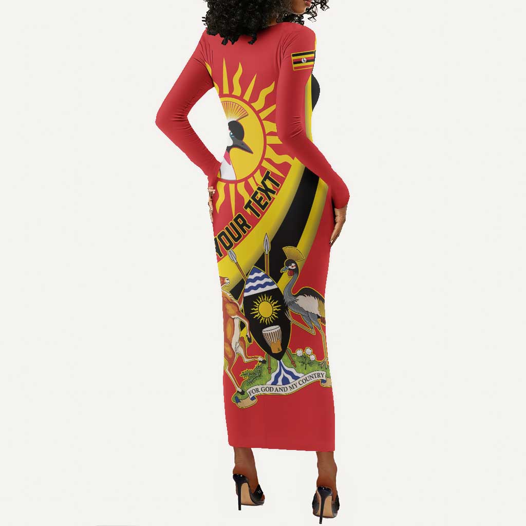 Personalised Afro Uganda Long Sleeve Bodycon Dress Black Crowned Crane With Coat Of Arms LT15