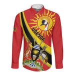 Personalised Afro Uganda Long Sleeve Button Shirt Black Crowned Crane With Coat Of Arms
