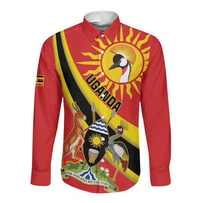 Personalised Afro Uganda Long Sleeve Button Shirt Black Crowned Crane With Coat Of Arms