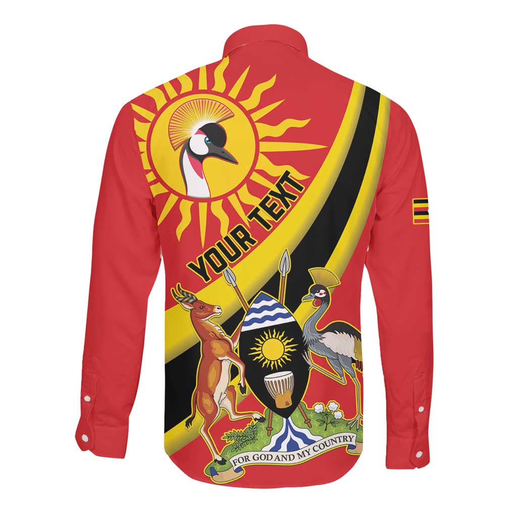 Personalised Afro Uganda Long Sleeve Button Shirt Black Crowned Crane With Coat Of Arms