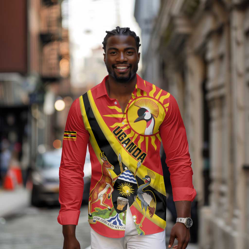 Personalised Afro Uganda Long Sleeve Button Shirt Black Crowned Crane With Coat Of Arms