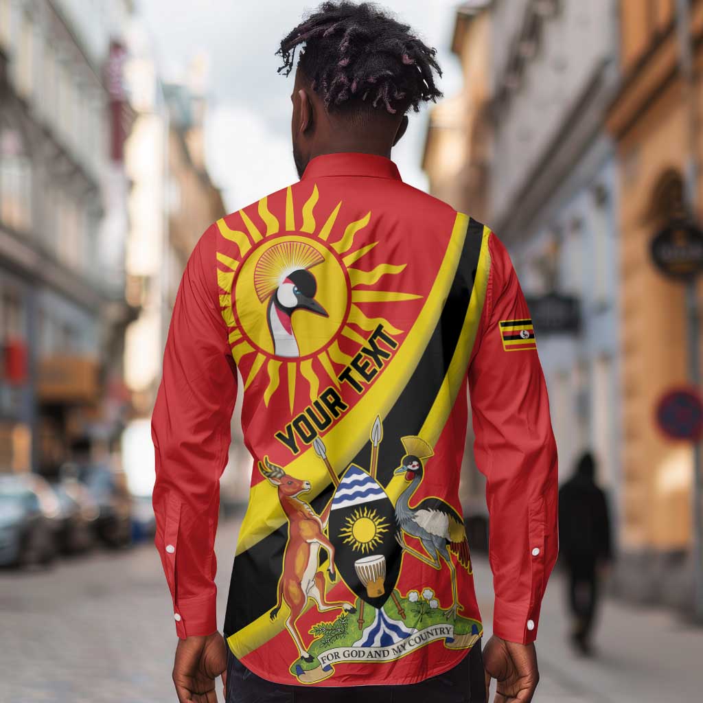 Personalised Afro Uganda Long Sleeve Button Shirt Black Crowned Crane With Coat Of Arms