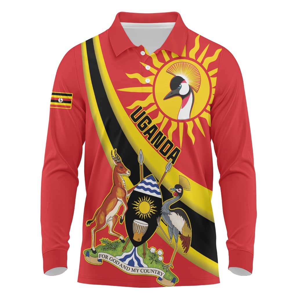 Personalised Afro Uganda Long Sleeve Polo Shirt Black Crowned Crane With Coat Of Arms