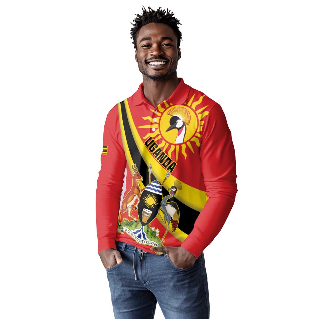 Personalised Afro Uganda Long Sleeve Polo Shirt Black Crowned Crane With Coat Of Arms
