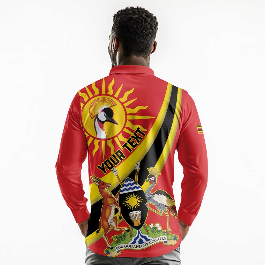 Personalised Afro Uganda Long Sleeve Polo Shirt Black Crowned Crane With Coat Of Arms