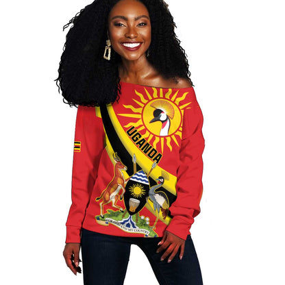 Personalised Afro Uganda Off Shoulder Sweater Black Crowned Crane With Coat Of Arms