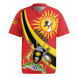 Personalised Afro Uganda Rugby Jersey Black Crowned Crane With Coat Of Arms