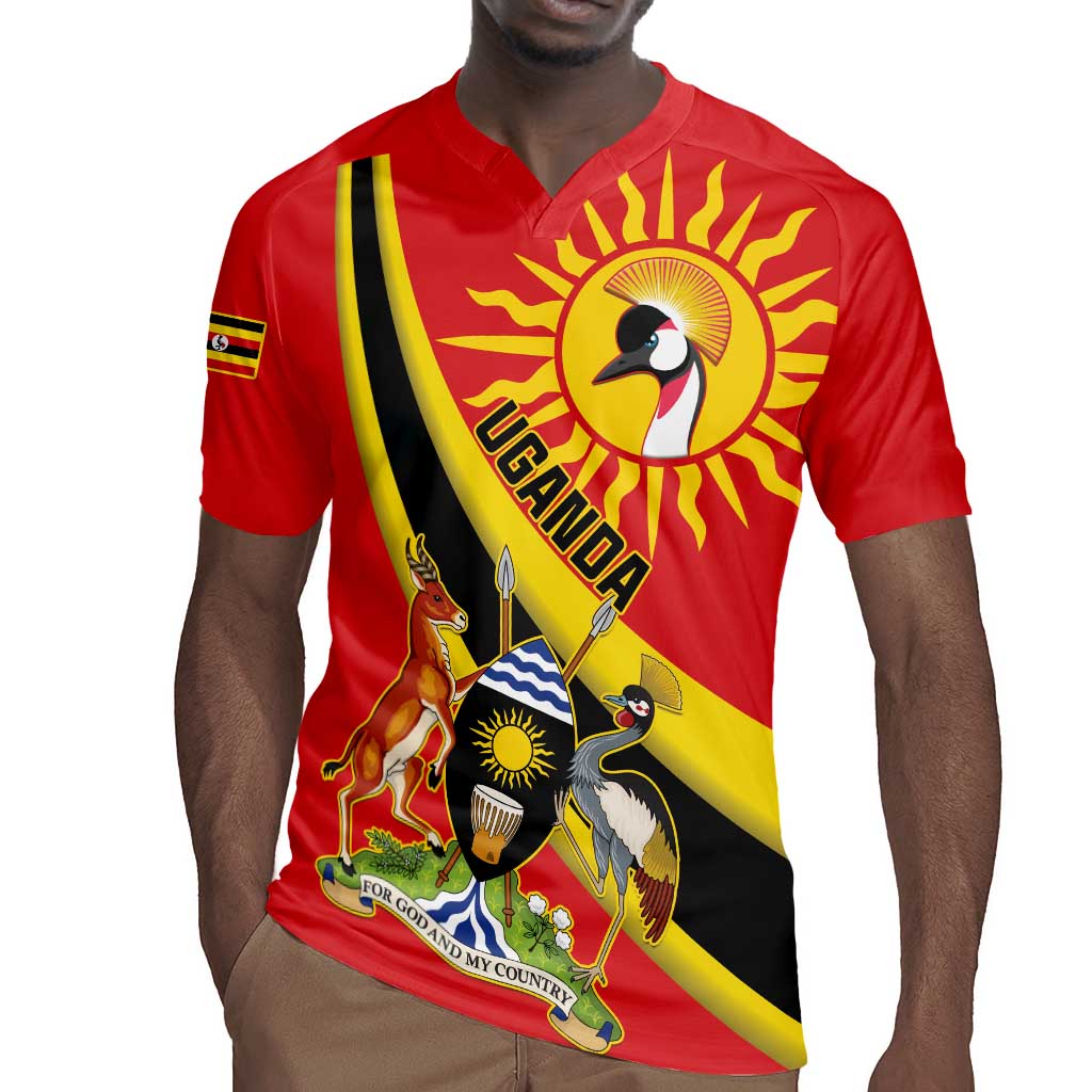 Personalised Afro Uganda Rugby Jersey Black Crowned Crane With Coat Of Arms