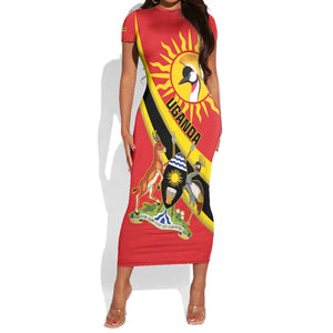 Personalised Afro Uganda Short Sleeve Bodycon Dress Black Crowned Crane With Coat Of Arms