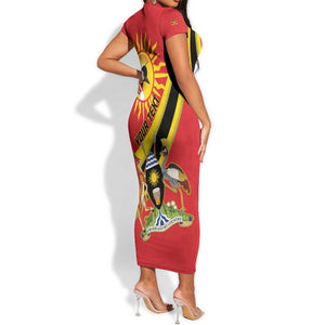 Personalised Afro Uganda Short Sleeve Bodycon Dress Black Crowned Crane With Coat Of Arms