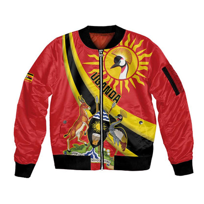 Personalised Afro Uganda Sleeve Zip Bomber Jacket Black Crowned Crane With Coat Of Arms