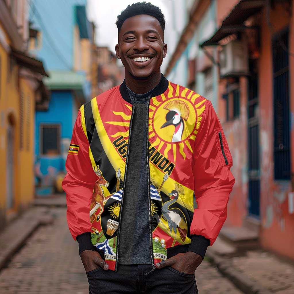 Personalised Afro Uganda Sleeve Zip Bomber Jacket Black Crowned Crane With Coat Of Arms