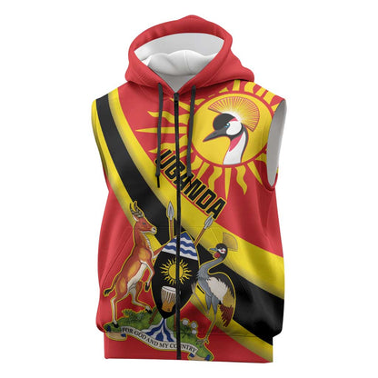Personalised Afro Uganda Sleeveless Zip Hoodie Black Crowned Crane With Coat Of Arms - African Pride