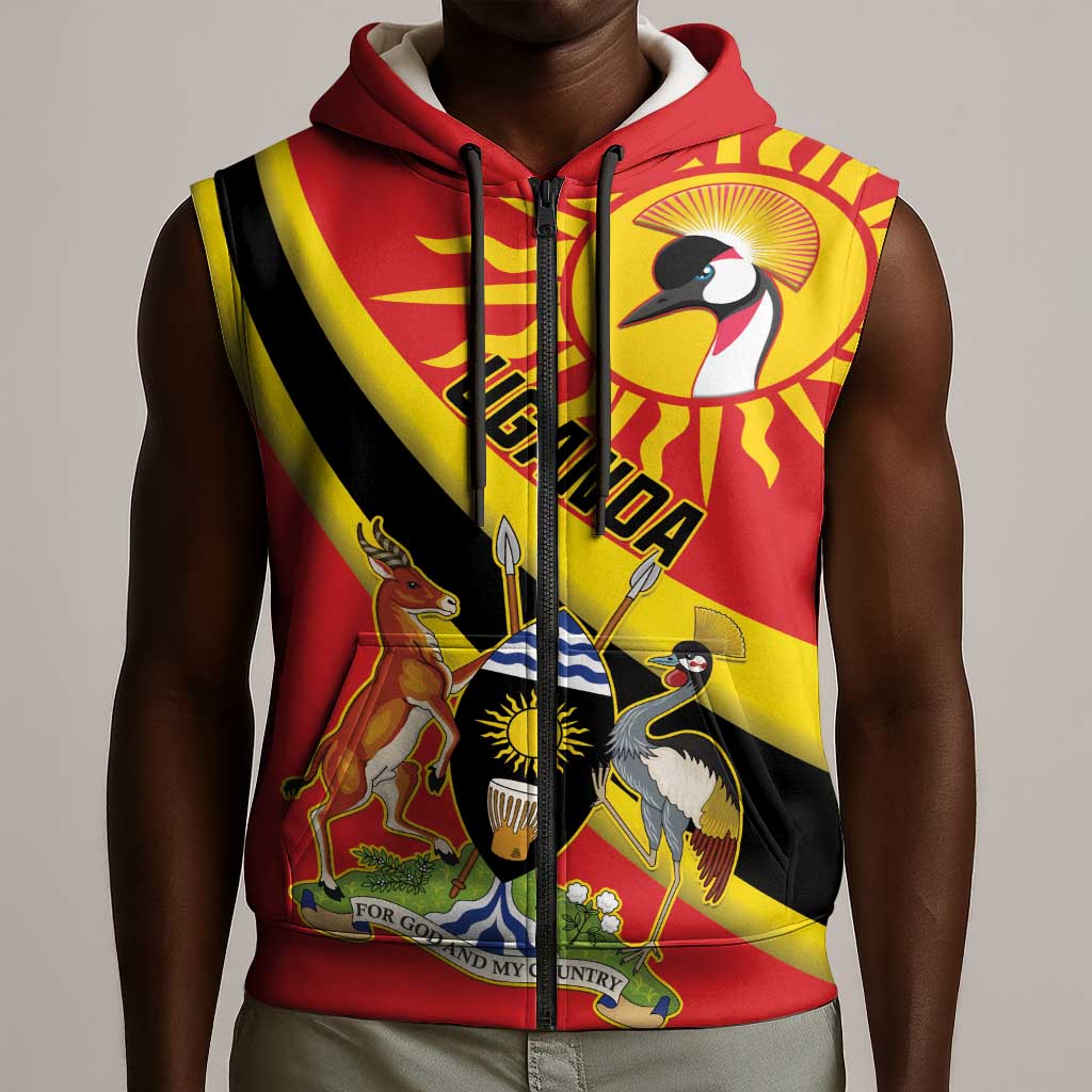 Personalised Afro Uganda Sleeveless Zip Hoodie Black Crowned Crane With Coat Of Arms - African Pride