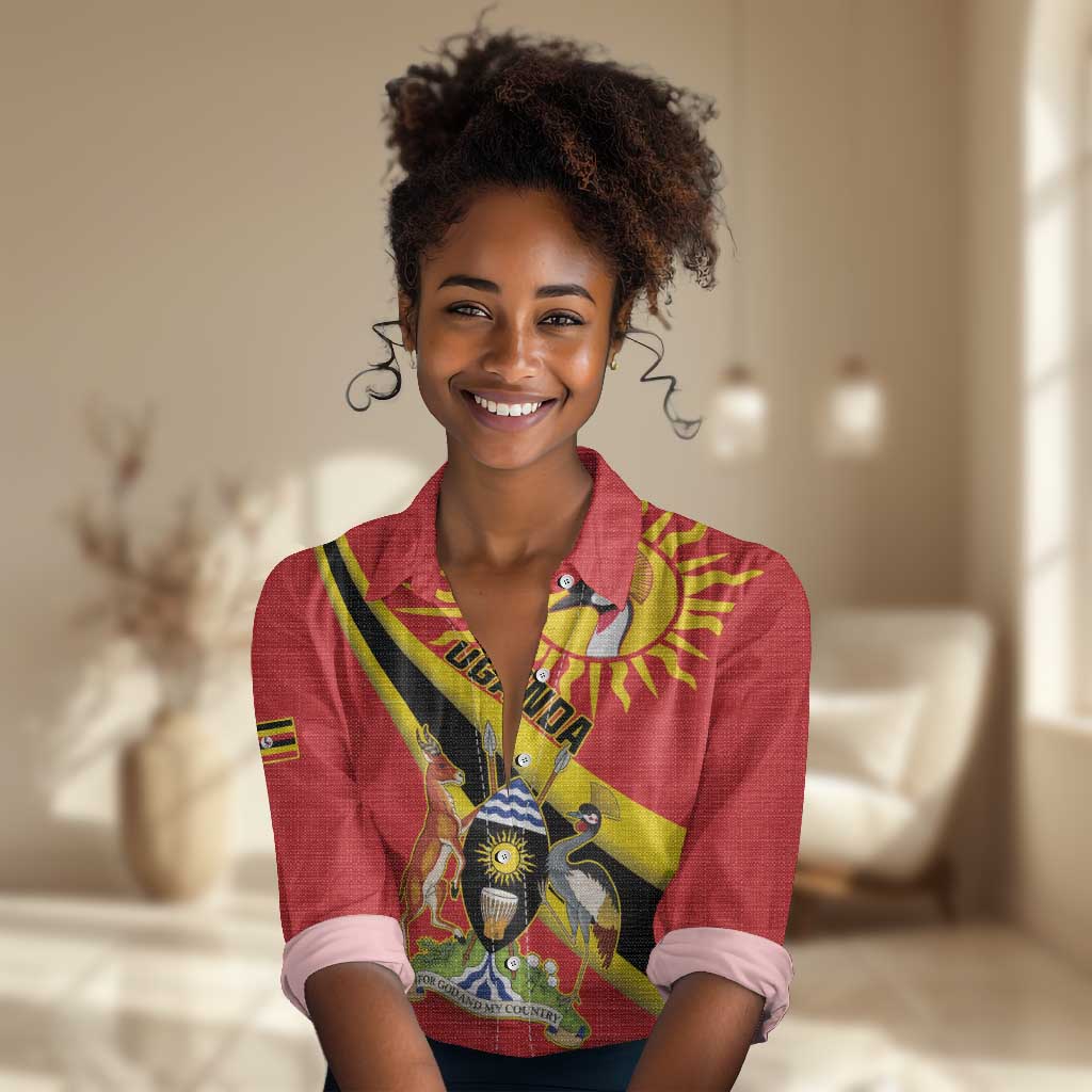 Personalised Afro Uganda Women Casual Shirt Black Crowned Crane With Coat Of Arms