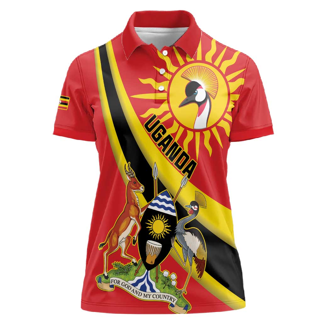 Personalised Afro Uganda Women Polo Shirt Black Crowned Crane With Coat Of Arms