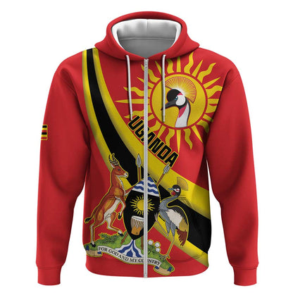 Personalised Afro Uganda Zip Hoodie Black Crowned Crane With Coat Of Arms