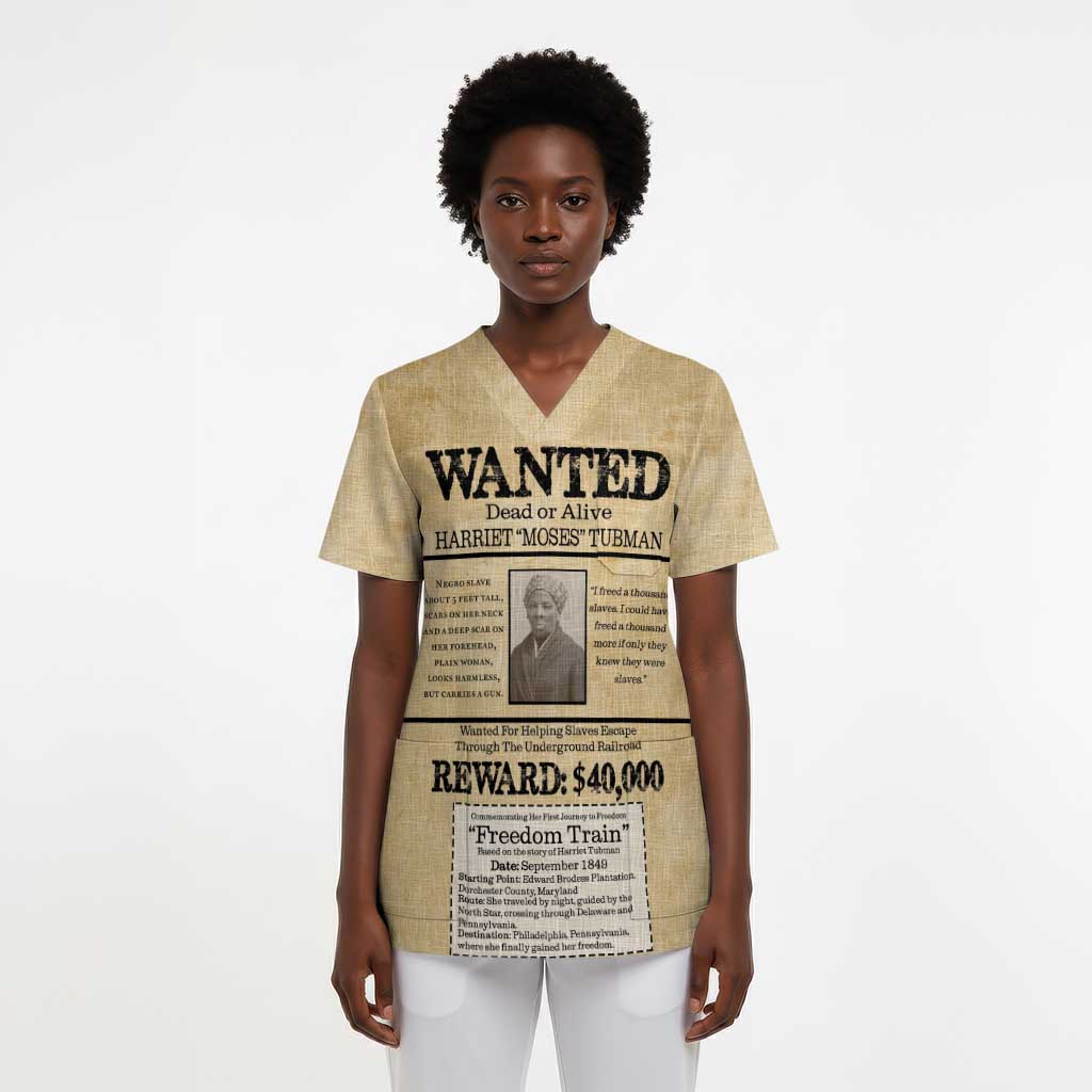 Harriet Tubman Freedom Scrub Top Vintage Wanted Poster Style - African Pride