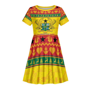 Afro Ghana Christmas Kid Short Sleeve Dress Coat Of Arms - Kente Pattern