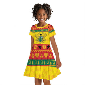 Afro Ghana Christmas Kid Short Sleeve Dress Coat Of Arms - Kente Pattern