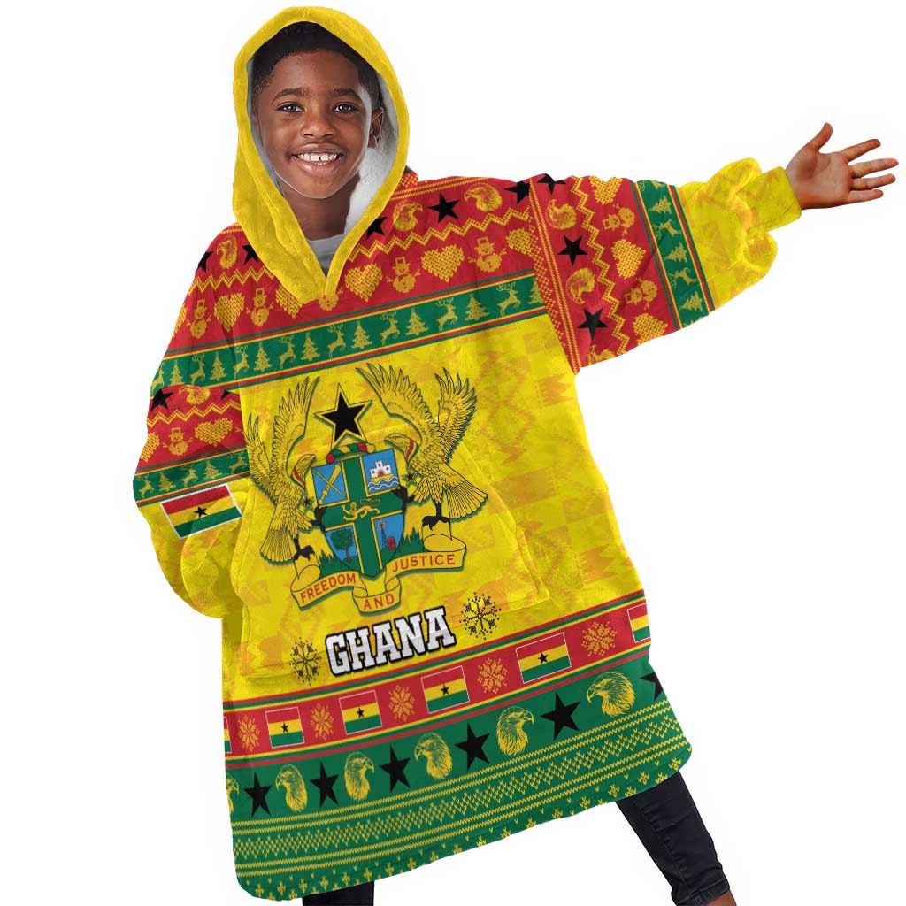 Afro Ghana Christmas Kid Wearable Blanket Hoodie Coat Of Arms - Kente Pattern