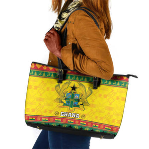 Afro Ghana Christmas Leather Tote Bag Coat Of Arms - Kente Pattern