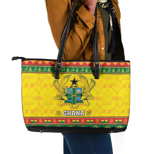 Afro Ghana Christmas Leather Tote Bag Coat Of Arms - Kente Pattern