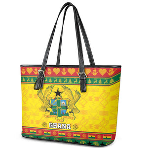 Afro Ghana Christmas Leather Tote Bag Coat Of Arms - Kente Pattern