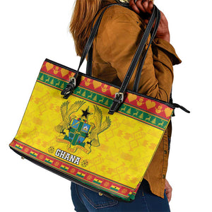 Afro Ghana Christmas Leather Tote Bag Coat Of Arms - Kente Pattern