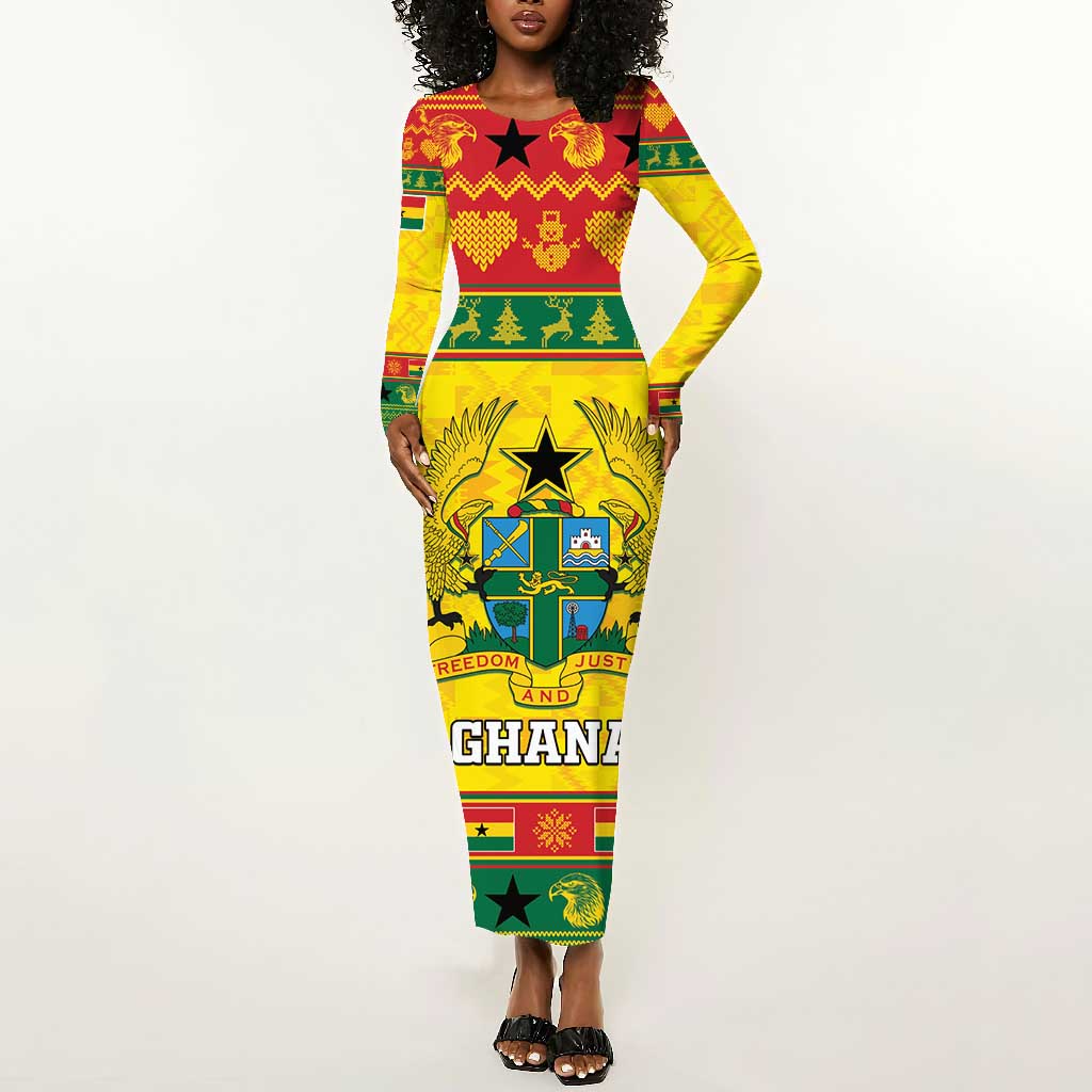 Afro Ghana Christmas Long Sleeve Bodycon Dress Coat Of Arms - Kente Pattern