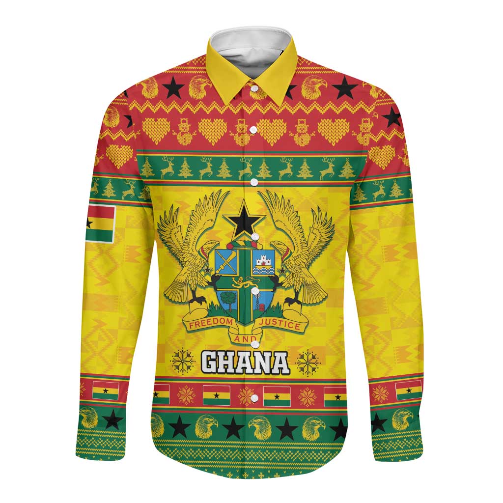 Afro Ghana Christmas Long Sleeve Button Shirt Coat Of Arms - Kente Pattern