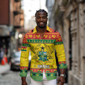 Afro Ghana Christmas Long Sleeve Button Shirt Coat Of Arms - Kente Pattern