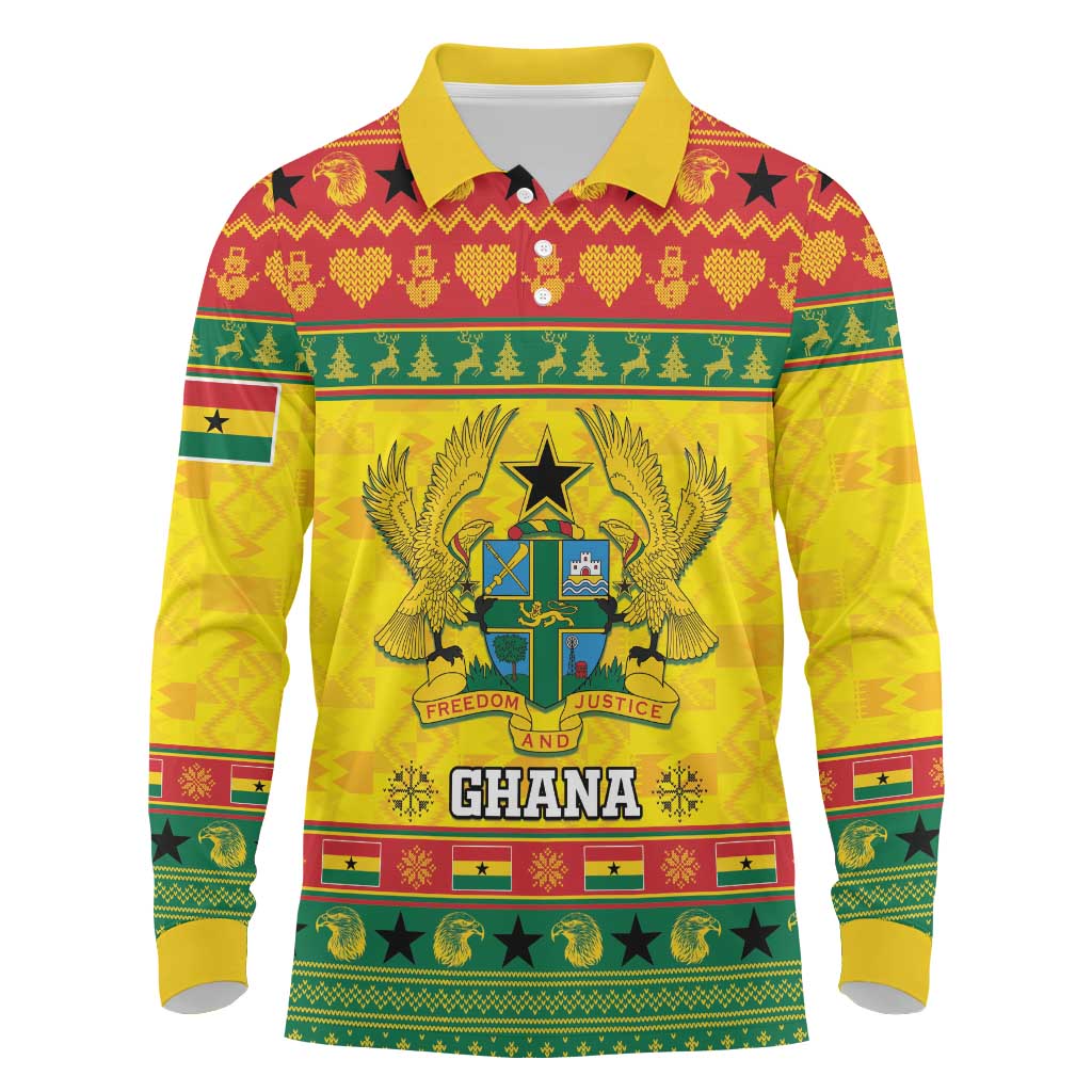 Afro Ghana Christmas Long Sleeve Polo Shirt Coat Of Arms - Kente Pattern