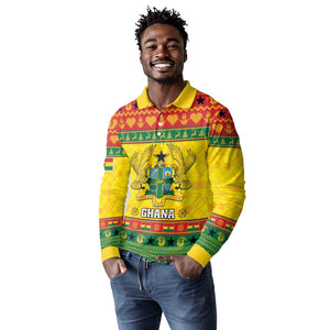 Afro Ghana Christmas Long Sleeve Polo Shirt Coat Of Arms - Kente Pattern