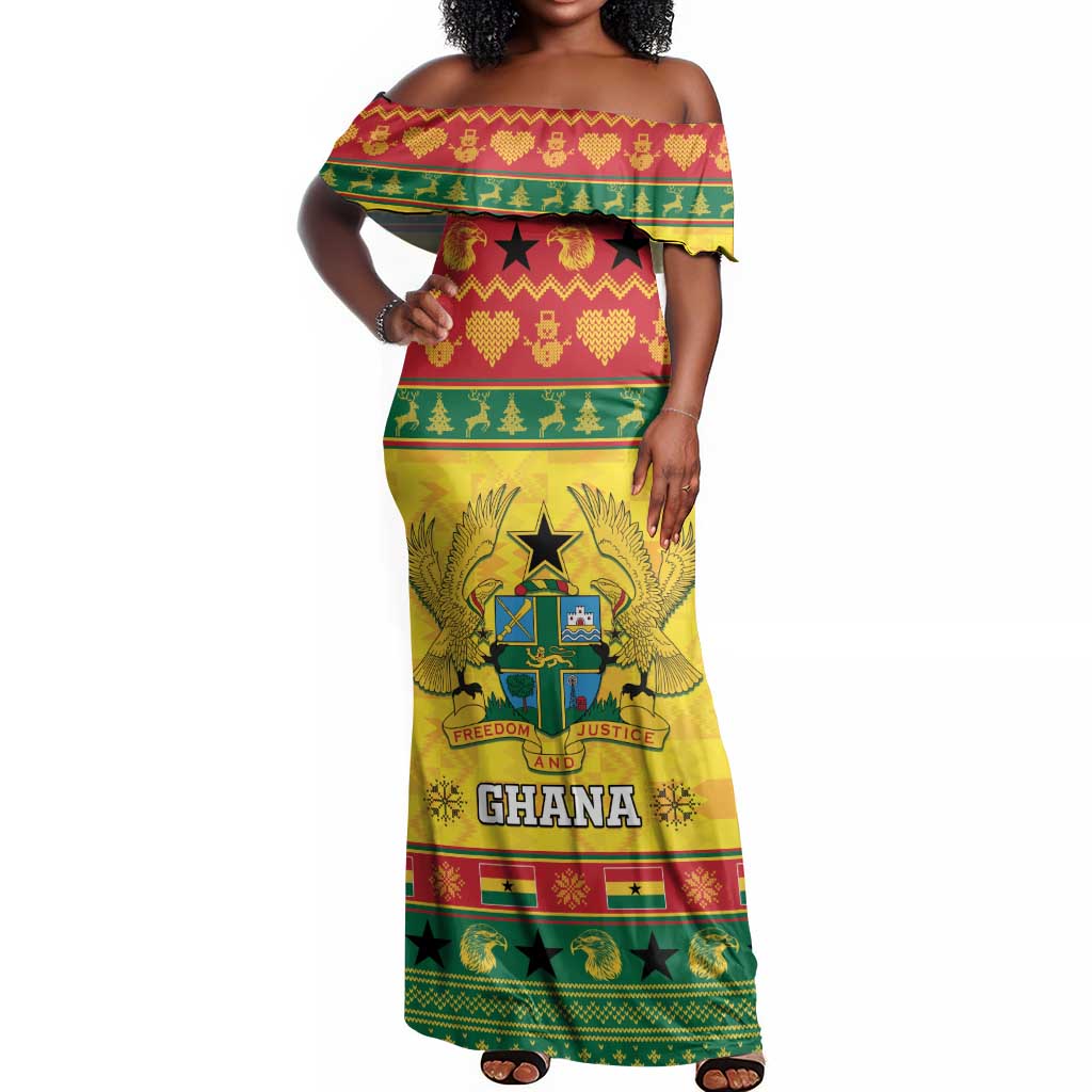 Afro Ghana Christmas Off Shoulder Maxi Dress Coat Of Arms - Kente Pattern