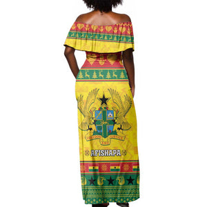 Afro Ghana Christmas Off Shoulder Maxi Dress Coat Of Arms - Kente Pattern