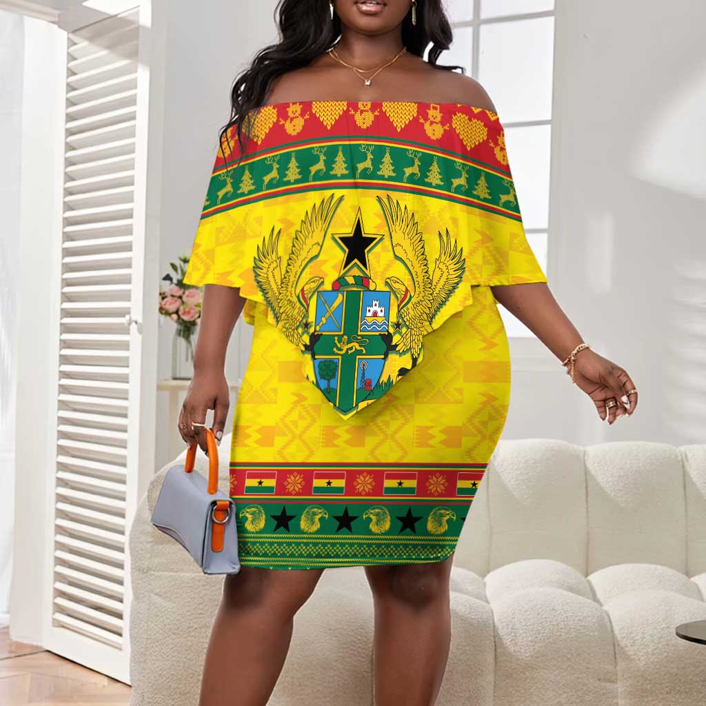 Afro Ghana Christmas Off Shoulder Short Dress Coat Of Arms - Kente Pattern