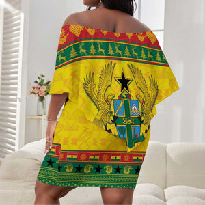 Afro Ghana Christmas Off Shoulder Short Dress Coat Of Arms - Kente Pattern